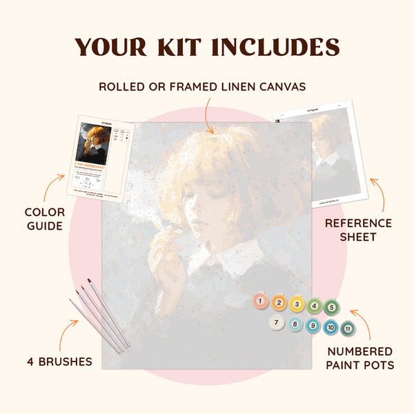 Smoke & Stillness kit contents with linen canvas, brushes, color guide and paint pots