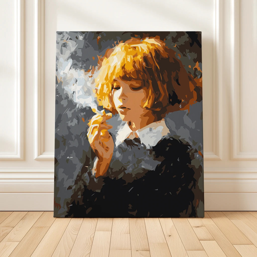 Smoke & Stillness portrait paint by numbers design featuring a girl with golden hair holding a cigarette