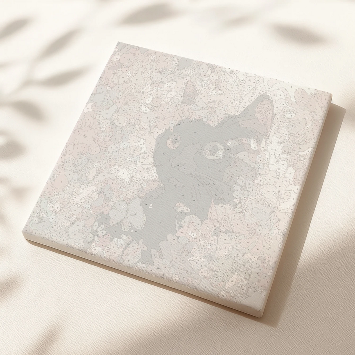 Numbered canvas preview for Soft Bloom Kitty paint by numbers with cat and floral outlines