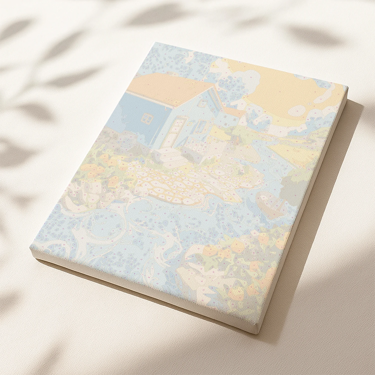 Pre-printed numbered canvas for the Sunny Riverside Cottage riverside landscape