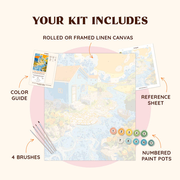 Sunny Riverside Cottage kit with linen canvas, brushes, reference sheet and paint pots