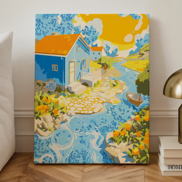 Sunny Riverside Cottage paint by numbers design with blue house, river and bright garden