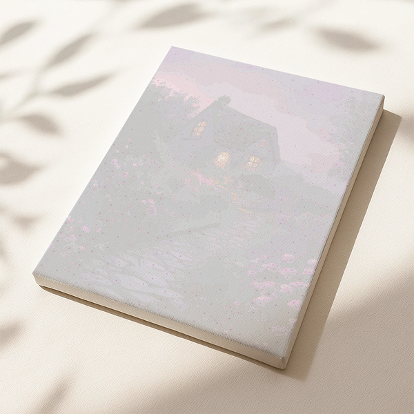 Twilight Cottage numbered canvas preview featuring cozy house and twilight landscape