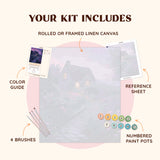 Twilight Cottage paint by numbers kit with canvas, brushes, color guide and reference sheet