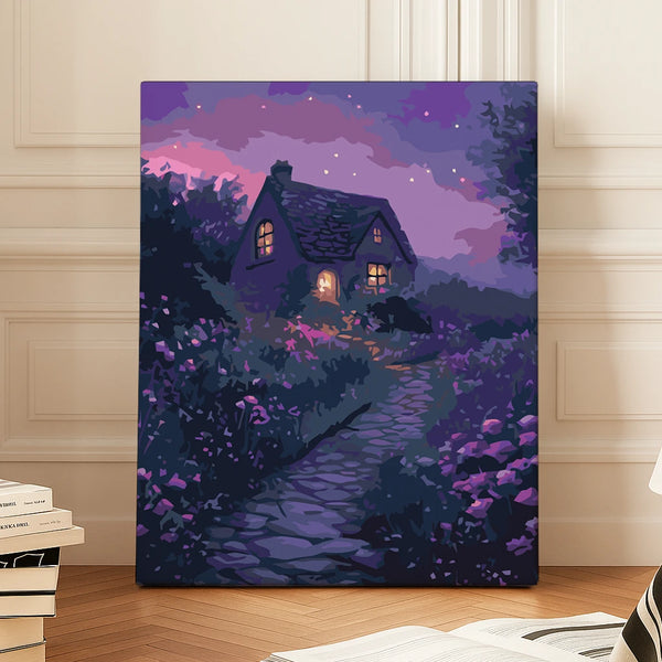 Twilight Cottage design showing a glowing evening house with a stone path and purple garden