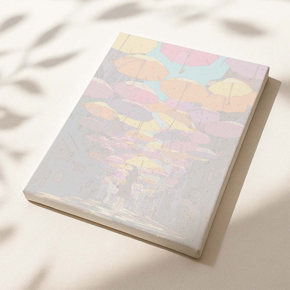 Umbrella Walk paint by numbers canvas displayed at an angle with pastel umbrellas and urban scene