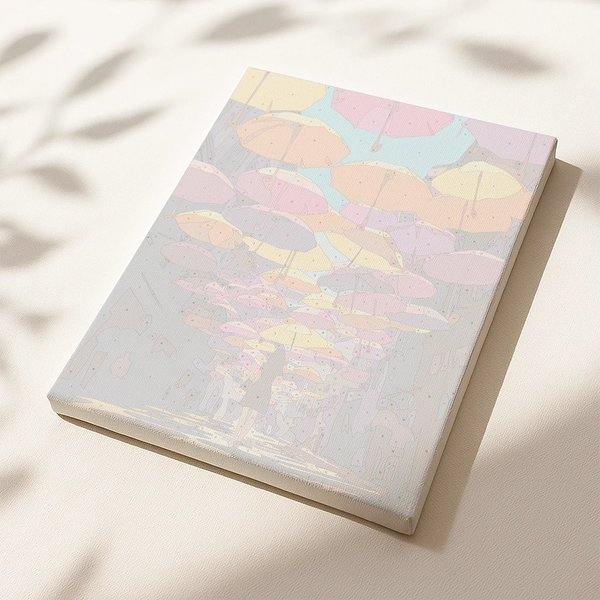 Umbrella Walk paint by numbers canvas displayed at an angle with pastel umbrellas and urban scene