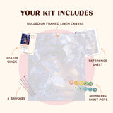 Veil of Petals kit with linen canvas, brushes, color guide and reference sheet