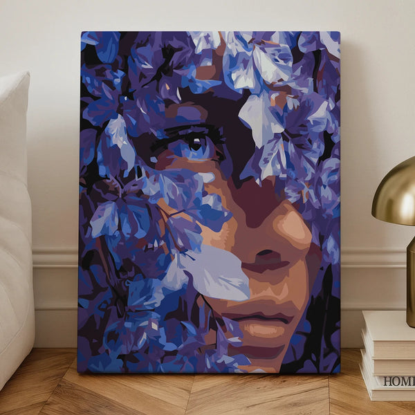 Veil of Petals paint by numbers kit featuring a portrait surrounded by violet and blue flowers