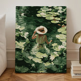 Finished paint by numbers artwork showing a woman standing in calm water surrounded by green lily pads and soft natural reflections