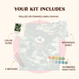 Paint by numbers kit showing the Water Silence canvas with numbered paint pots, brushes, and reference sheet