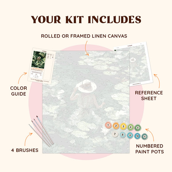 Paint by numbers kit showing the Water Silence canvas with numbered paint pots, brushes, and reference sheet