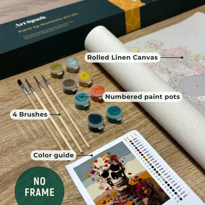 ArtSpark Rolled Canvas Paint by Numbers Kit with brushes, paint pots, and color guide.