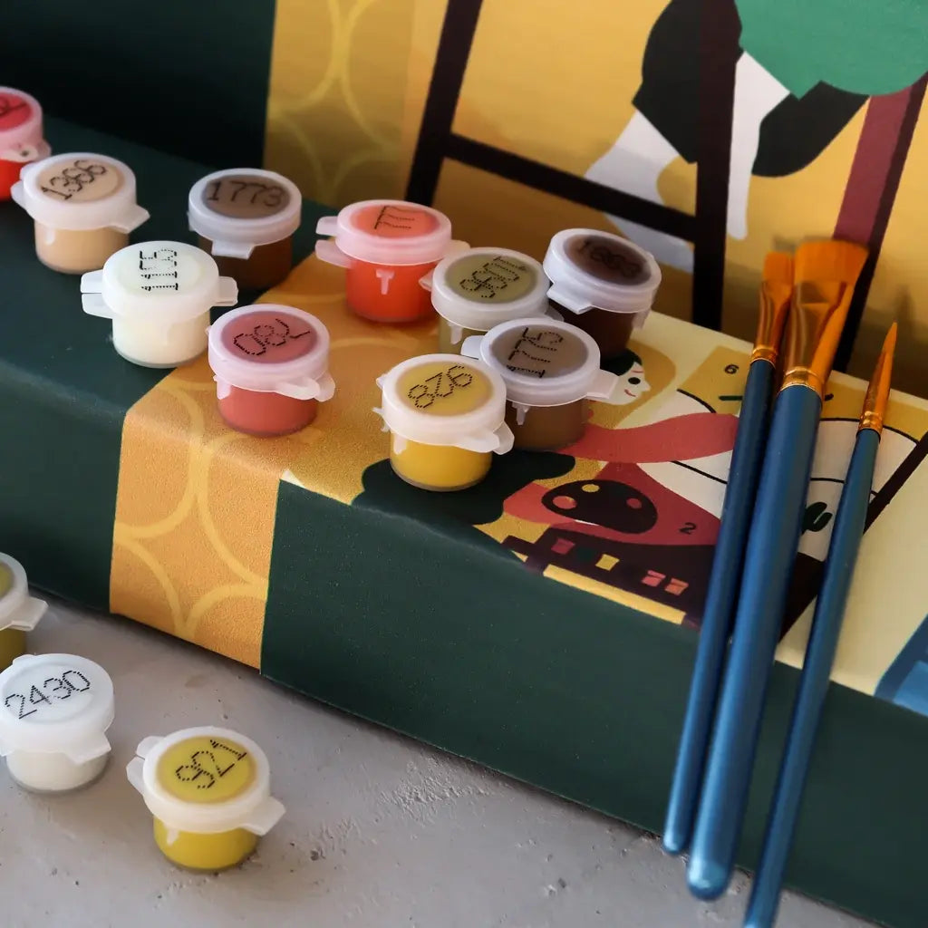 ArtSpark Paint by Numbers Kit featuring numbered paint pots and brushes.