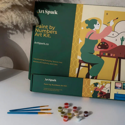 ArtSpark Paint by Numbers Kit packaging with brushes and paint pots.