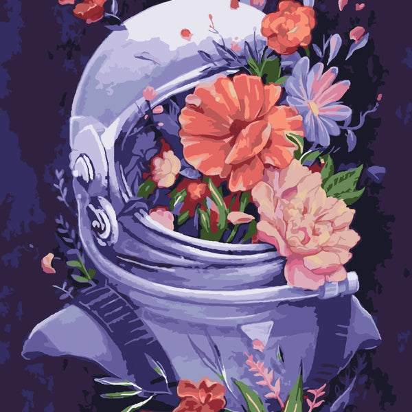 Astronaut helmet filled with blooming flowers in a surreal painting