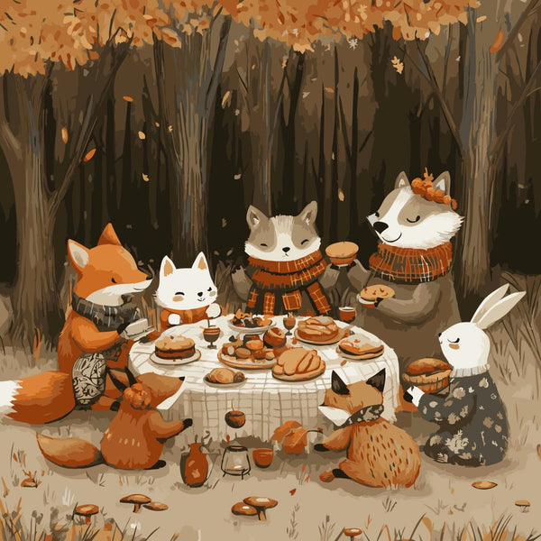 Forest animals having a cozy autumn picnic with warm pastries