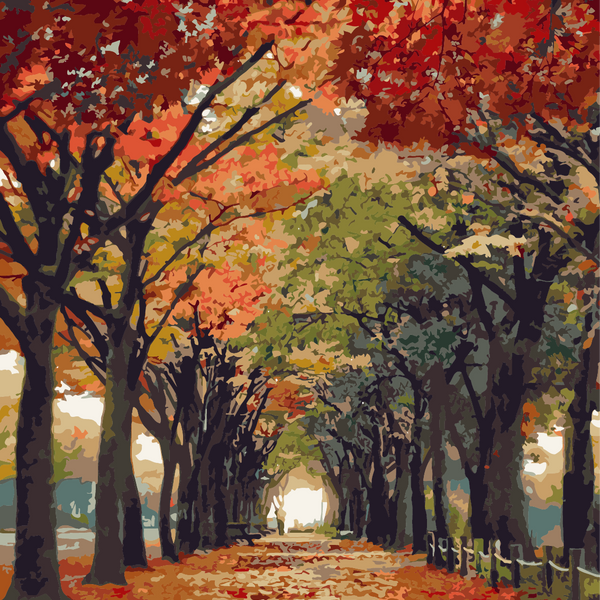 Autumn pathway lined with colorful trees and fallen leaves