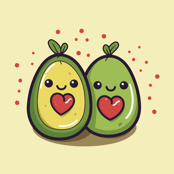 Cute avocado couple painting with smiling faces and heart pits