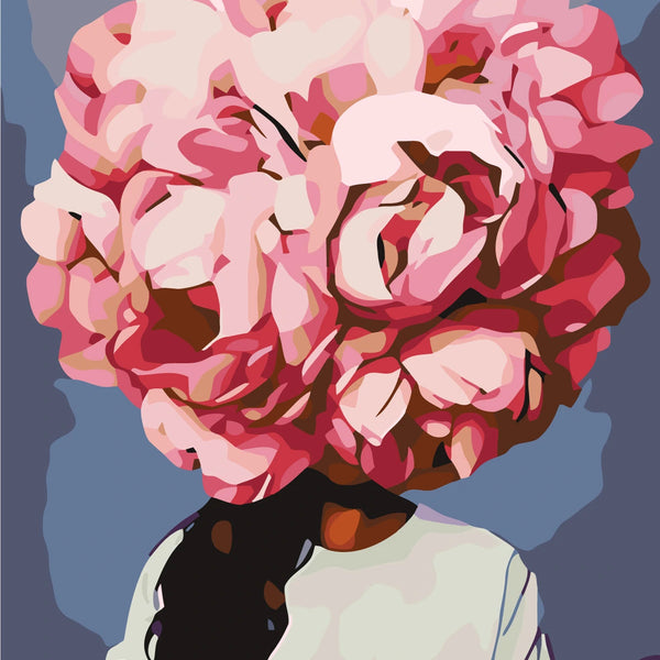 Surreal painting of a woman with a giant pink flower head