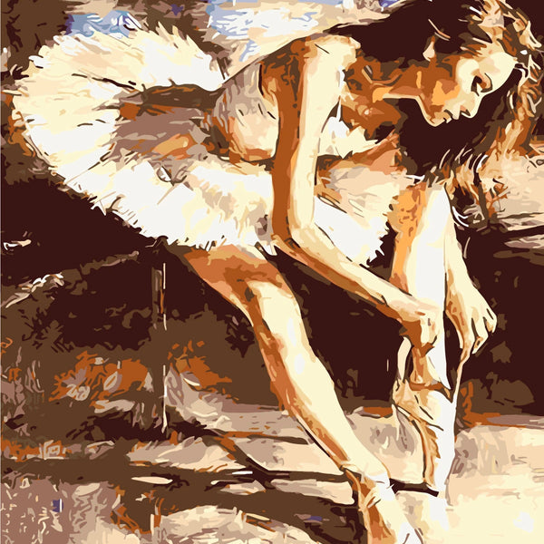 Elegant painting of a ballerina tying her pointe shoes backstage
