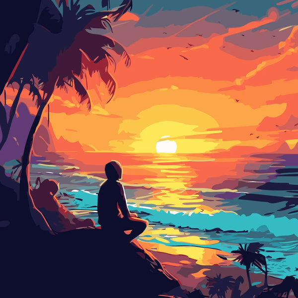Silhouette of person meditating on cliff overlooking ocean sunset