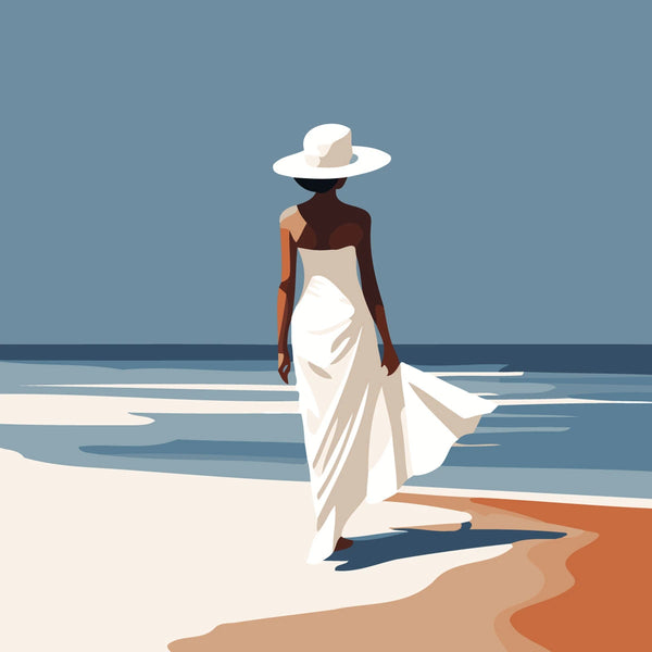 Elegant woman in white dress and hat walking on the beach