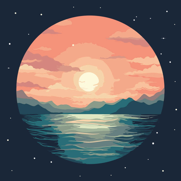 Scenic sunset over ocean with mountains and starry night sky
