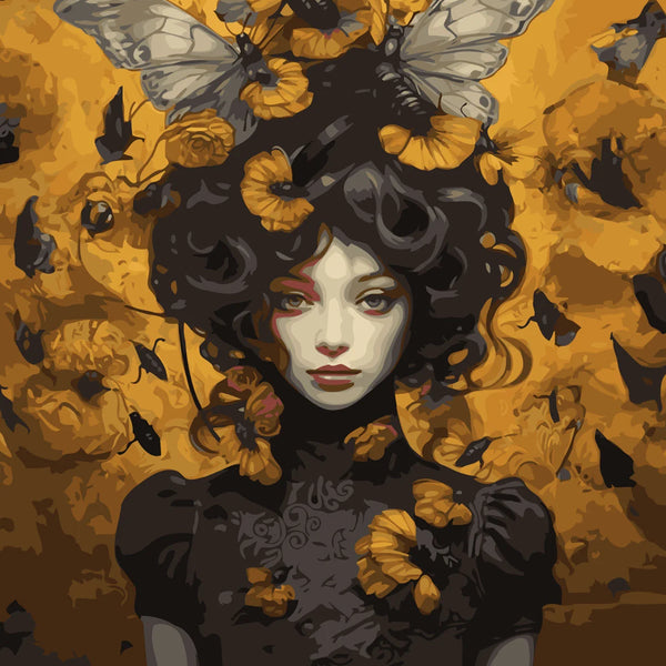 Mysterious woman with dark curls adorned with butterflies and flowers