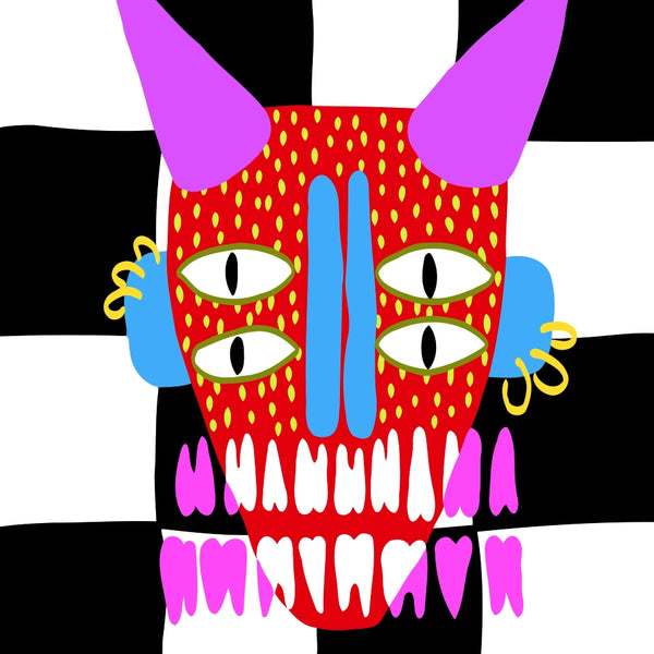 Red four-eyed monster face with purple horns, blue nose, and pink dripping teeth on a bold black-and-white checkered background – funky paint by numbers kit.