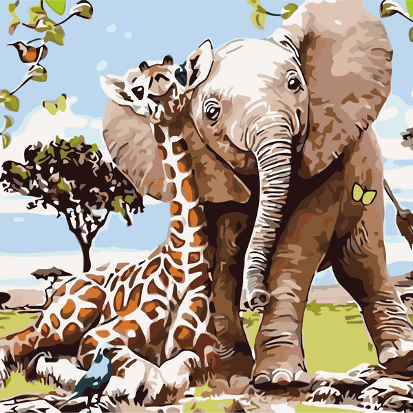 Elephant and giraffe cuddling in a vibrant African savanna