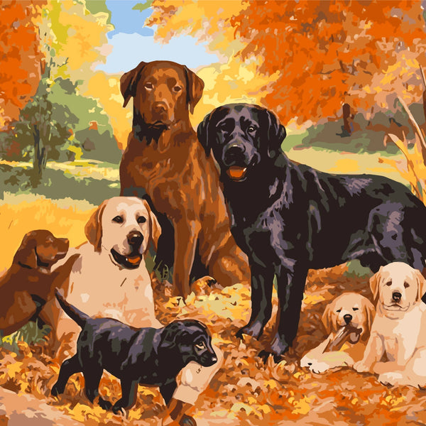 Labrador dogs and puppies in an autumn forest setting