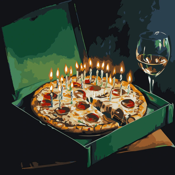 Pepperoni pizza with lit birthday candles in a green box