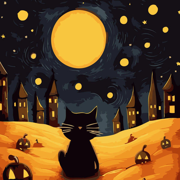 Black cat under a glowing moon with pumpkins and haunted houses
