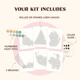 Artspark Black Cat’s Lights paint by numbers kit featuring brushes, color pots, guide sheet, and six adorable cat-themed canvases.