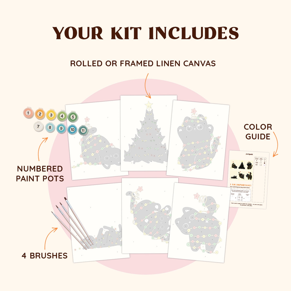 Artspark Black Cat’s Lights paint by numbers kit featuring brushes, color pots, guide sheet, and six adorable cat-themed canvases.