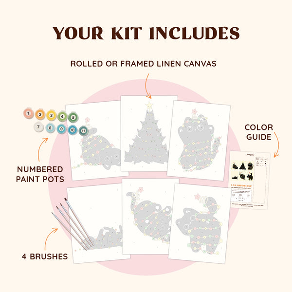 Artspark Black Cat’s Lights paint by numbers kit featuring brushes, color pots, guide sheet, and six adorable cat-themed canvases.