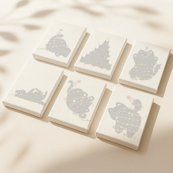 Black Cat’s Lights paint by numbers mini canvas set of 6 by Artspark showing playful cats and Christmas trees outlined and numbered for painting.