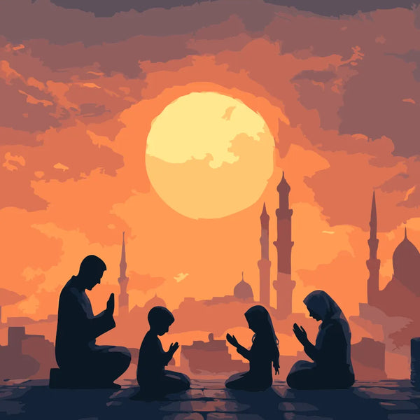 Silhouetted family in prayer under a golden sunset, with a city skyline and minarets in the background, featured in the Blessings at Dusk paint by numbers kit.