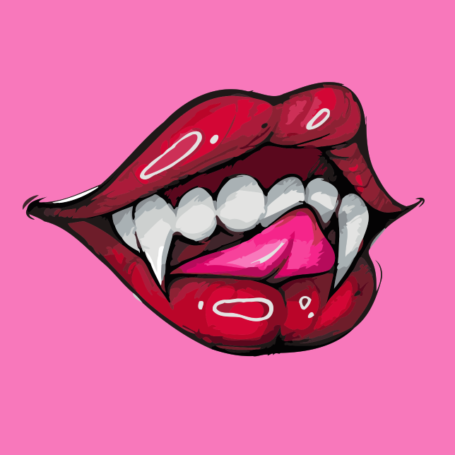 Close-up of glossy red vampire lips with sharp fangs and pink tongue on a hot pink background, designed by Kalinina for the Blood Kiss paint by numbers kit.