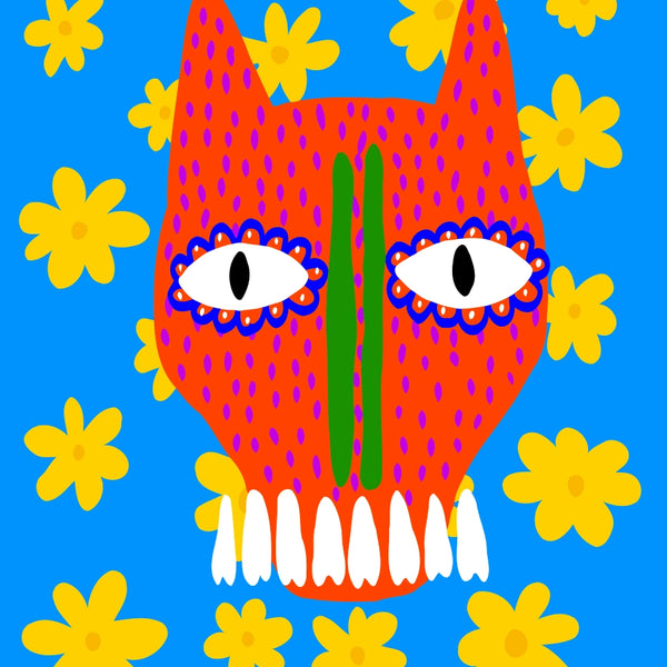 Red monster face with floral eyes, green nose, and white teeth surrounded by yellow flowers on a bright blue background – fun and vibrant paint by numbers kit.