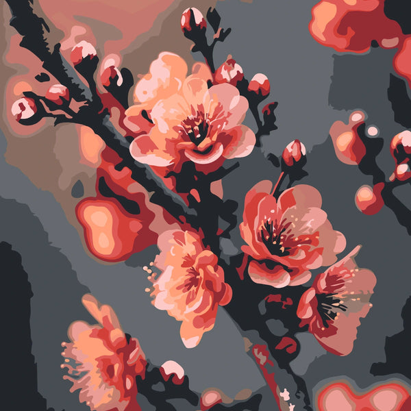 Painting of blooming cherry blossoms on a dark background