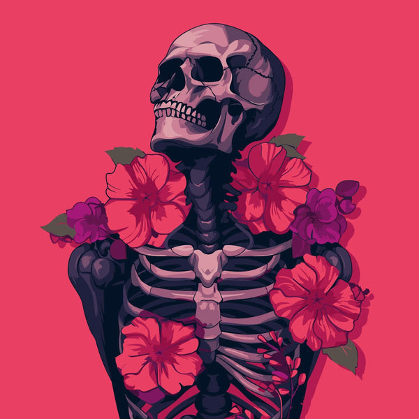 Painting of a skeleton adorned with vibrant red and purple flowers