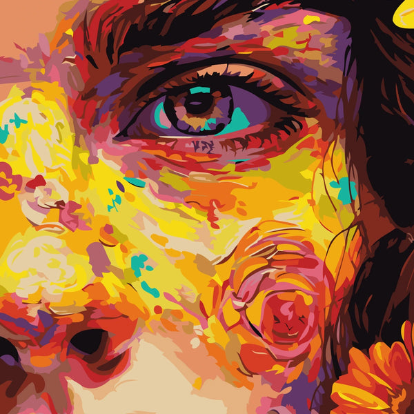 Vibrant abstract painting of a woman's eye with floral details