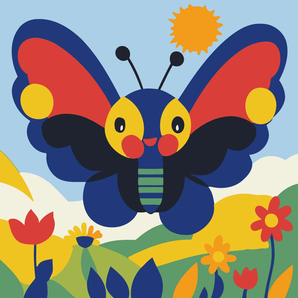 Colorful cartoon butterfly smiling in a bright floral landscape