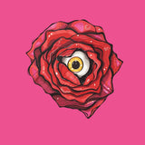 A stylized red rose with a central golden eye on a bright pink background. Surreal floral artwork by Kalinina for the Bloomwatch paint by numbers kit.