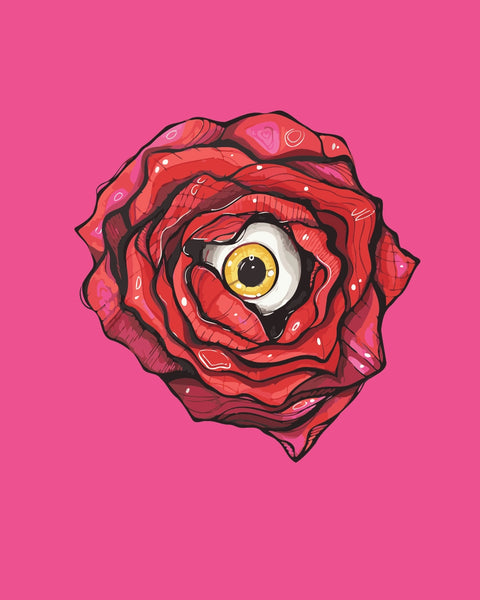 A stylized red rose with a central golden eye on a bright pink background. Surreal floral artwork by Kalinina for the Bloomwatch paint by numbers kit.