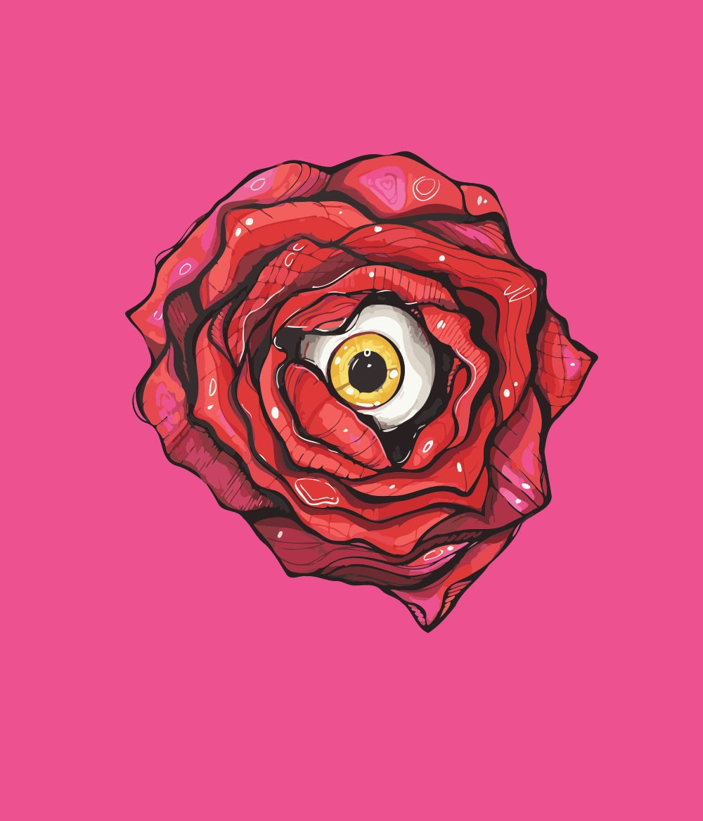 A stylized red rose with a central golden eye on a bright pink background. Surreal floral artwork by Kalinina for the Bloomwatch paint by numbers kit.