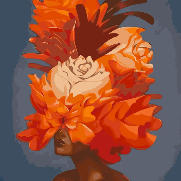 Surreal portrait of a woman with vibrant orange floral headpiece