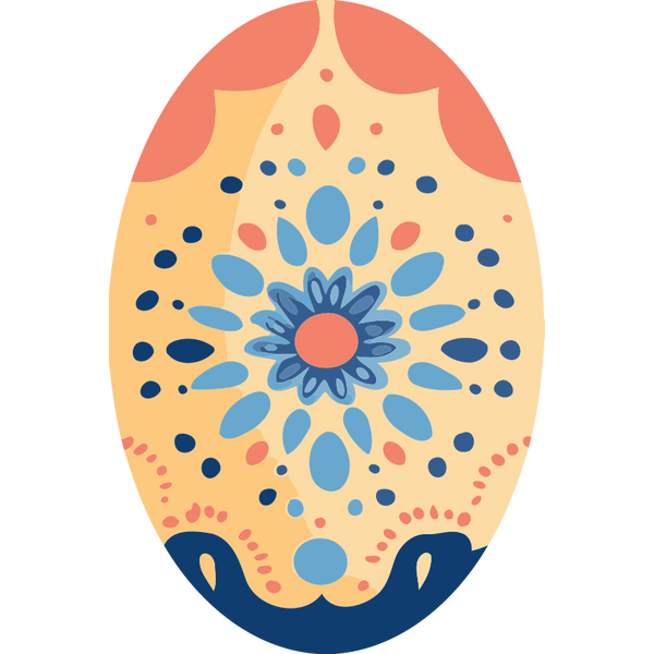 Blossom Egg Paint by Numbers Kit featuring a stylized floral mandala design in coral, blue, and navy on an egg-shaped canvas.